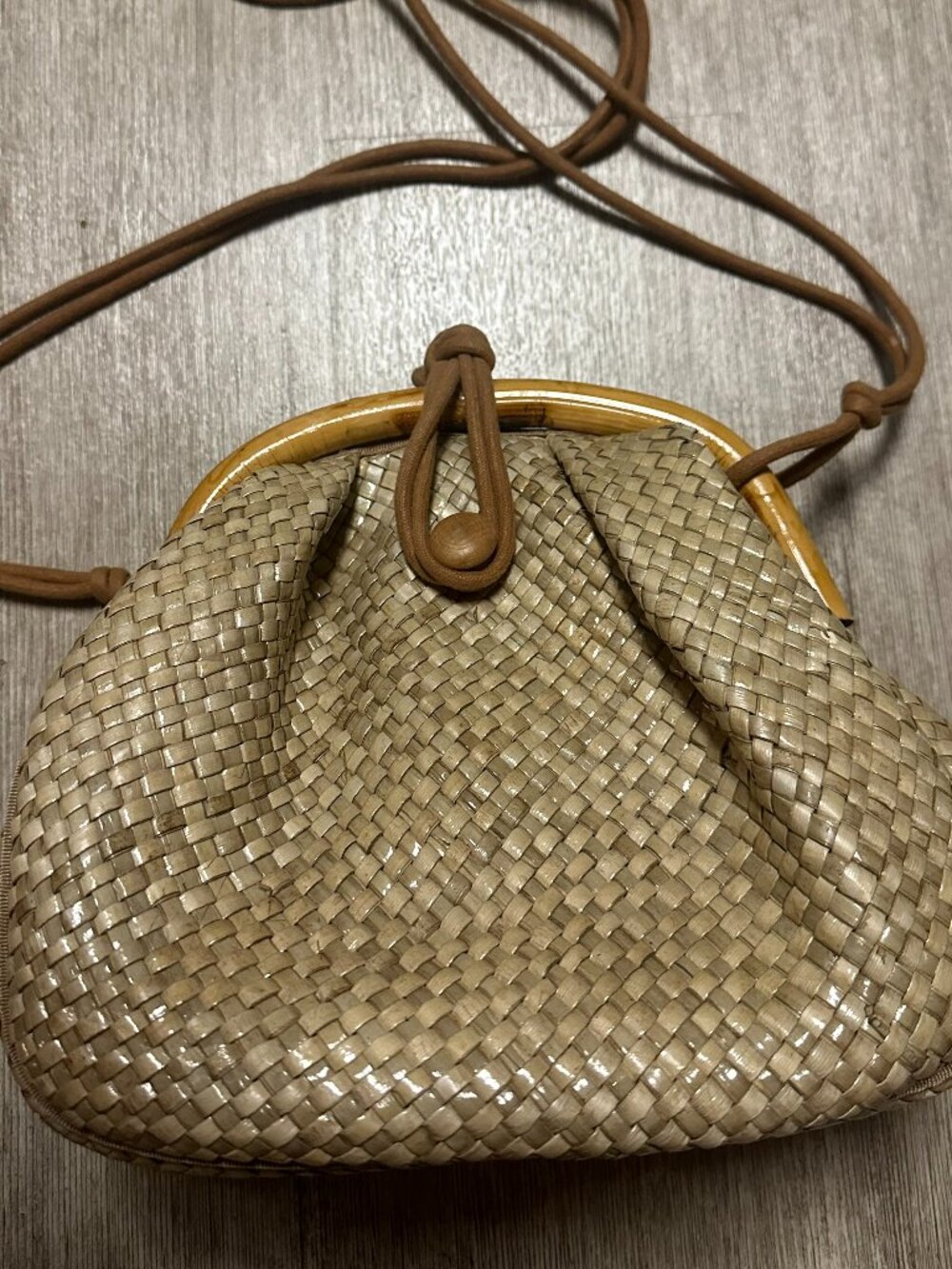Neiman Marcus Woven Beige bamboo handle straw shoulder bag